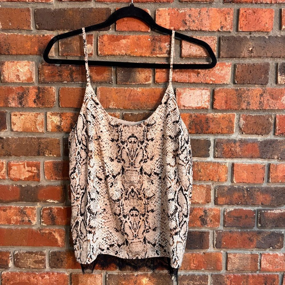 Rachel Zoe womens animal print lace trim cami tank top tan S